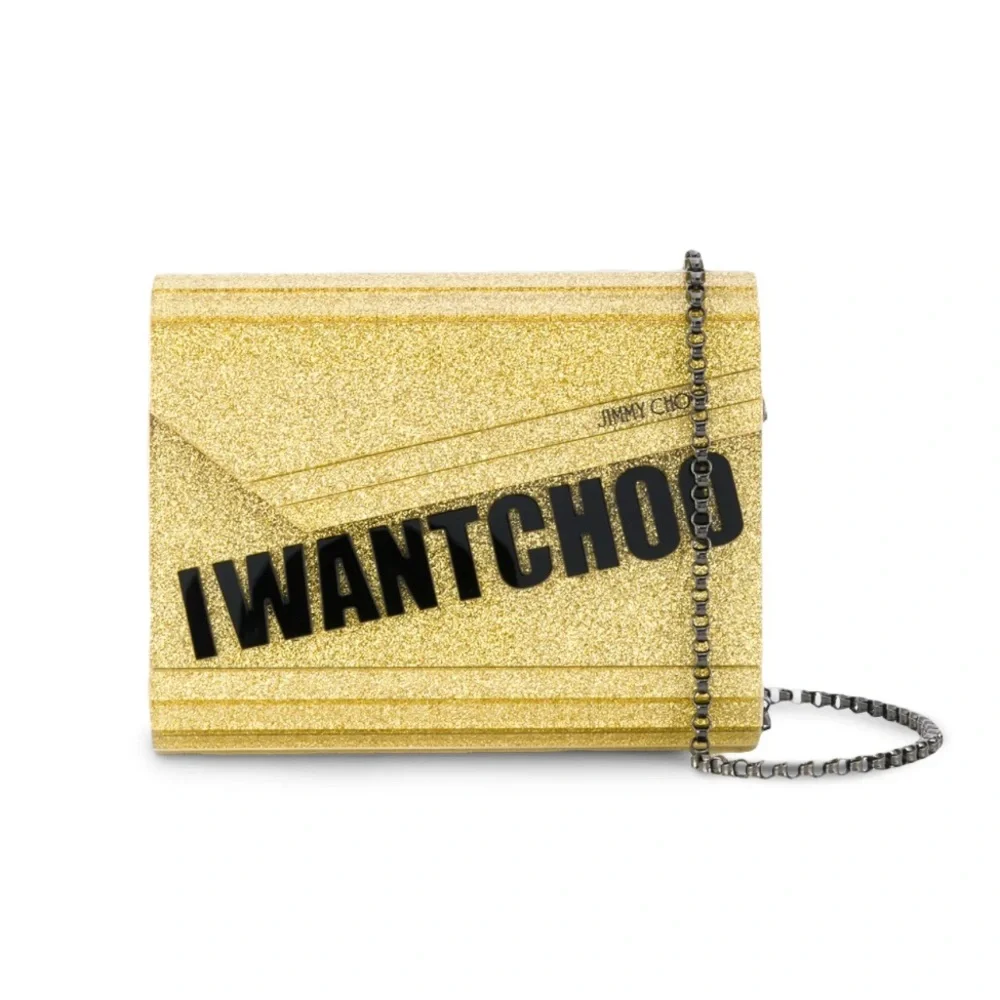Jimmy Choo Candy “I Want Choo” Gold Glitter Crossbody Clutch Bag